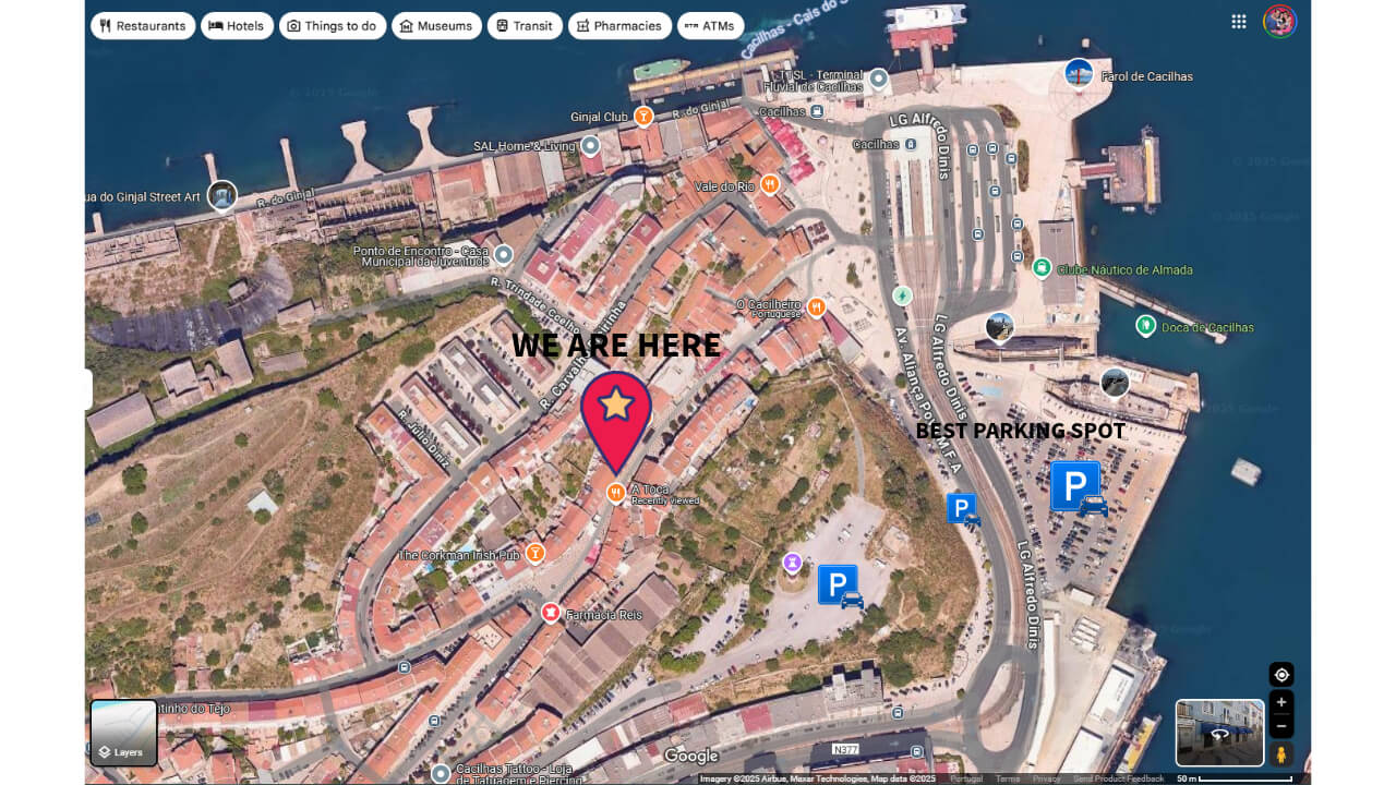 Mapa dos estacionamentos perto do Restaurante A Toca, em Cacilhas